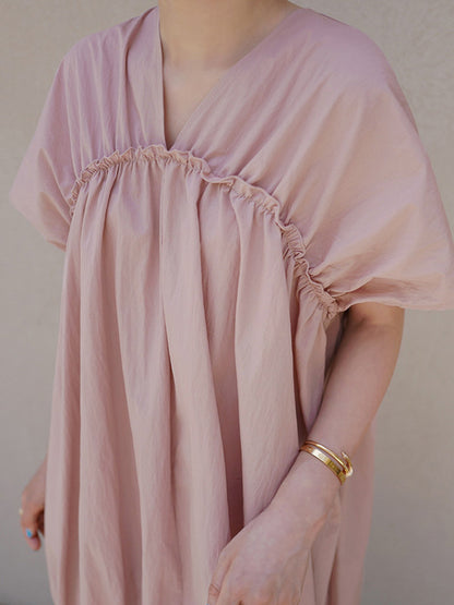 Casual Solid Color Falbala Pleated V-Neck Short Sleeves Maxi Dress