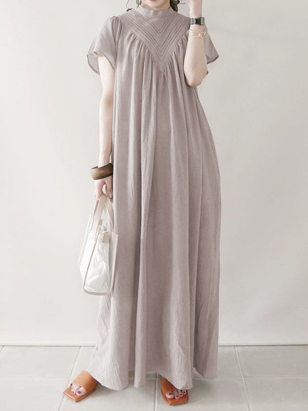 Casual Ramie Cotton Solid Color High-Neck Short Sleeves Maxi Dress