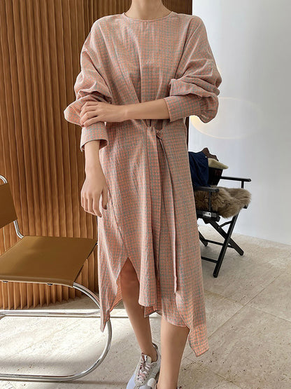 Urban Asymmetric Plaid Round-Neck Batwing Sleeve Shirt Dress