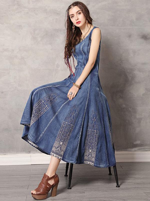 2019 Summer New Vintage Embroidery Denim Dress