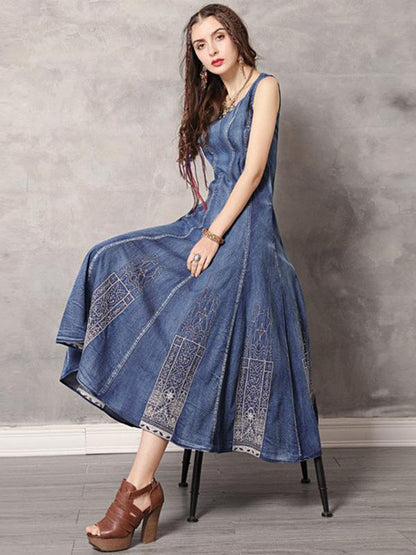 2019 Summer New Vintage Embroidery Denim Dress