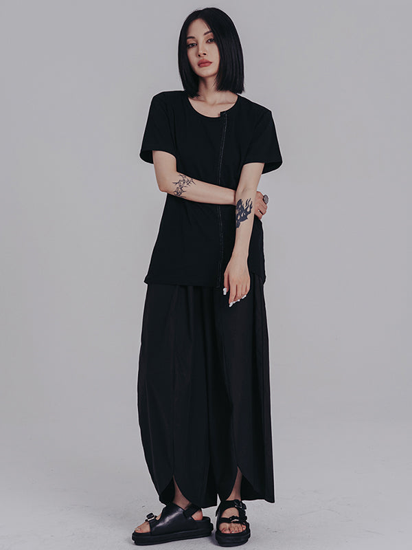 Casual Short Sleeves Irregular Black T-Shirt Top
