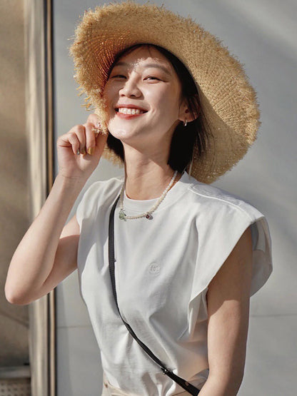 Simple Solid Color Round-Neck Cap-Sleeve Vest T-Shirt Tops
