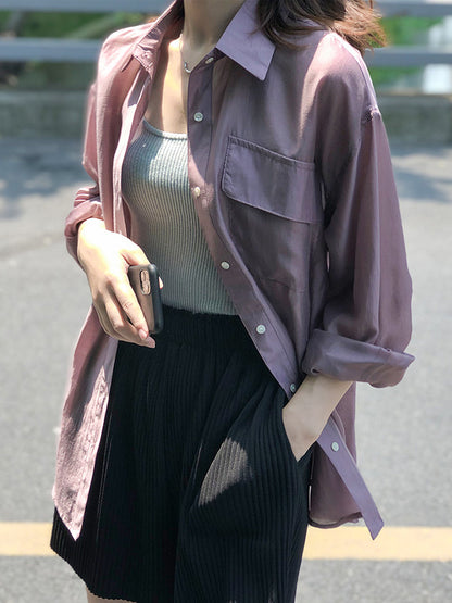 Casual Loose Solid Color Lapel Collar Long Sleeves Shirts