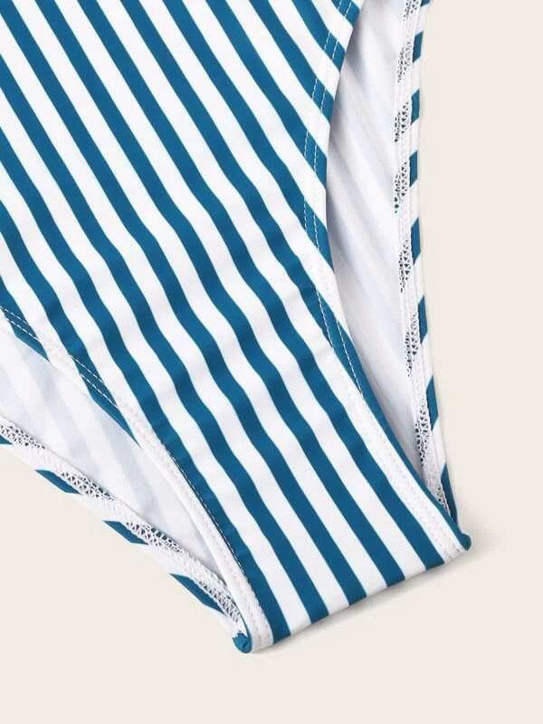 Striped Print Falbala Backless One-Piece Swimwear