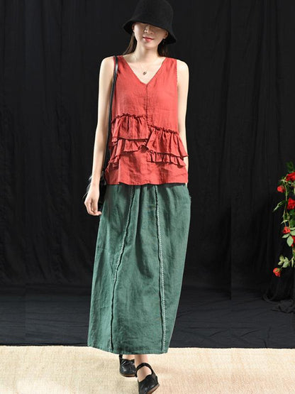 Casual Linen Cropped Long Skirt