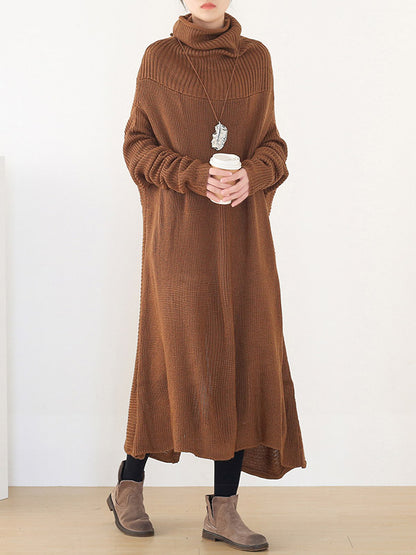 Casual Solid Color High-Neck Long Sleeves Knitted Sweater Midi Dress