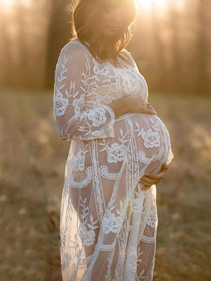 Maternity Hollow Lace Long Sleeve Maxi Dress