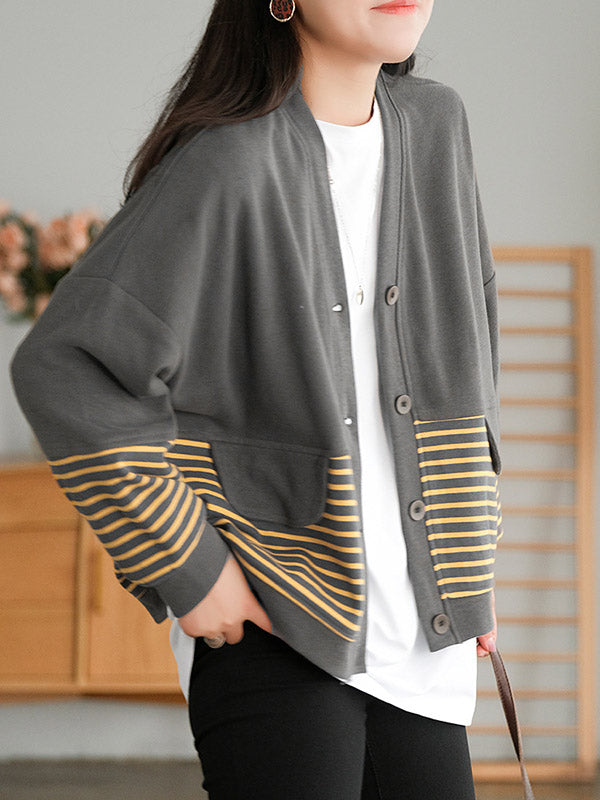 Casual Striped Buttoned V-Neck Batwing Sleeve Outerwear