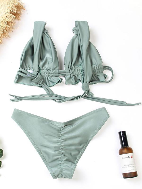 Solid Color Knotted Split Bikini Swimsuit