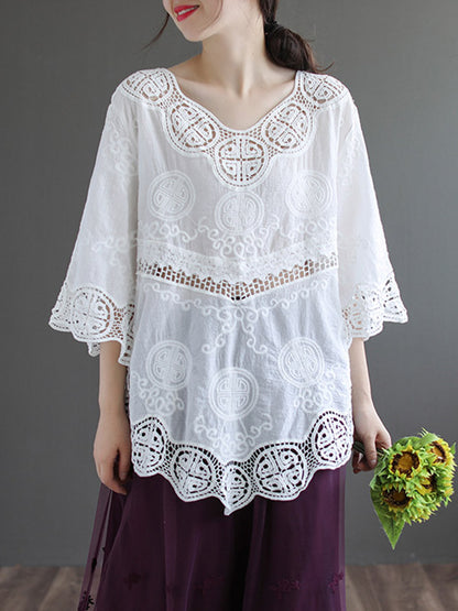 Cotton Blend Embroidered  Hollow V-Neck T-Shirts Tops