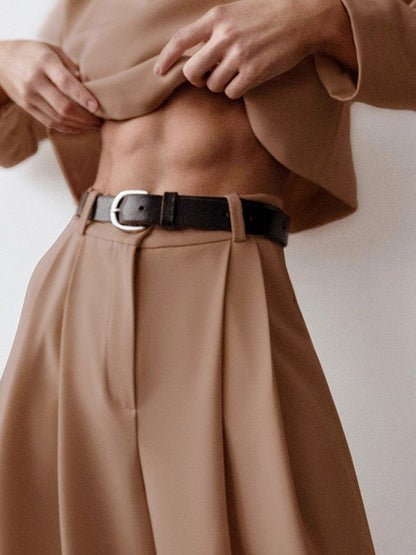 Casual Solid Color Round-Neck Long Sleeves T-Shirt+Wide Leg Pants 2 Pieces Set