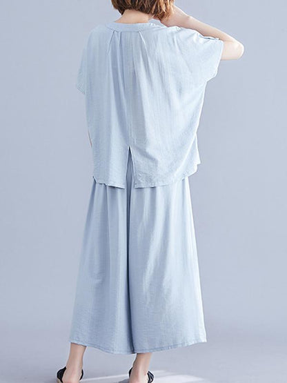 Loose Solid Tops + Wide Leg Pants Suit