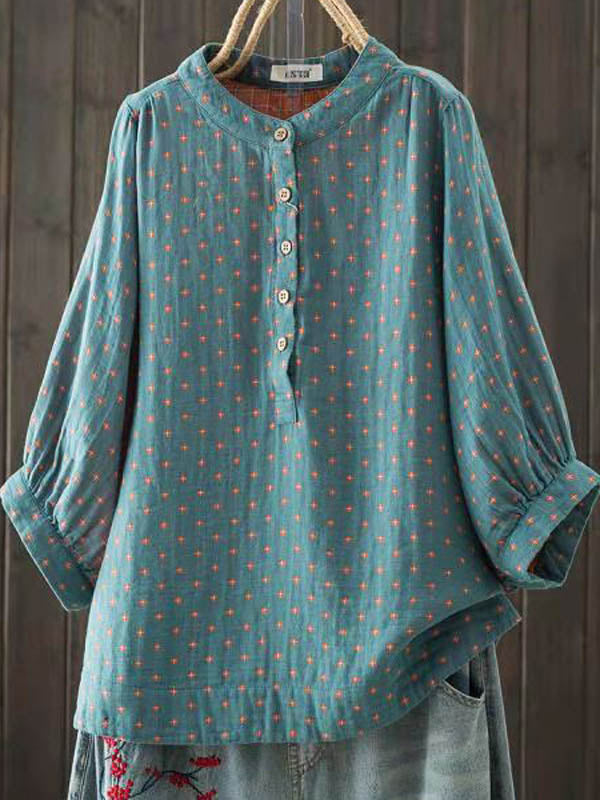 Simple Printed Buttoned Short Sleeves Blouse Top