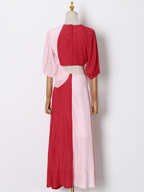 Stylish Contrast Color Split-Joint Round-Neck Raglan Sleeve Maxi Dress