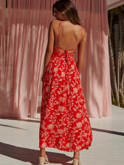Printed Sexy Open-back Maxi Dress