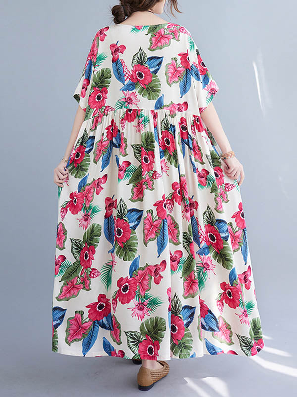 Artistic Retro Loose Floral Printed Pleated Round-Neck Half Sleeves Midi Dress