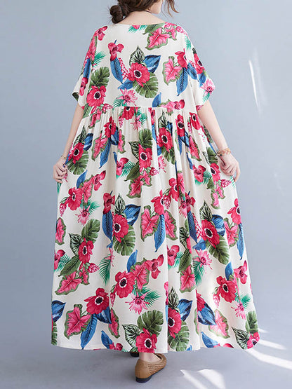 Artistic Retro Loose Floral Printed Pleated Round-Neck Half Sleeves Midi Dress