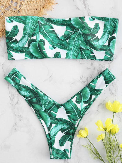 Fahshion Bandeau Leaves Printed Bikinis Swimwear