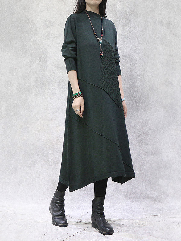 Artistic Retro Solid Color Split-Joint Embroidered High-Neck Long Sleeves Knitted Sweater Dress