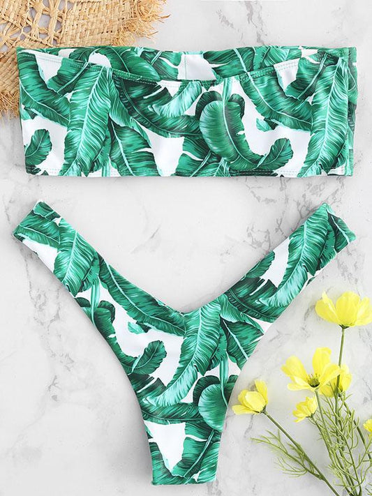 Fahshion Bandeau Leaves Printed Bikinis Swimwear