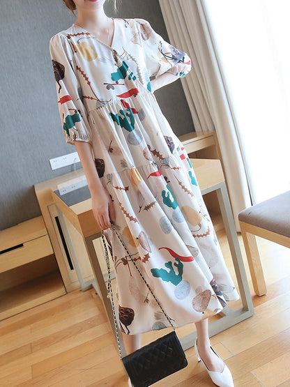 Original Printing Split-Joint V-Neck Midi Dress
