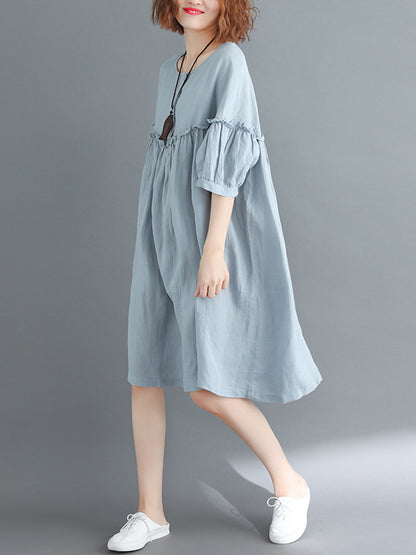 Artistic Retro Loose Falbala Solid Color Pleated Midi Dress