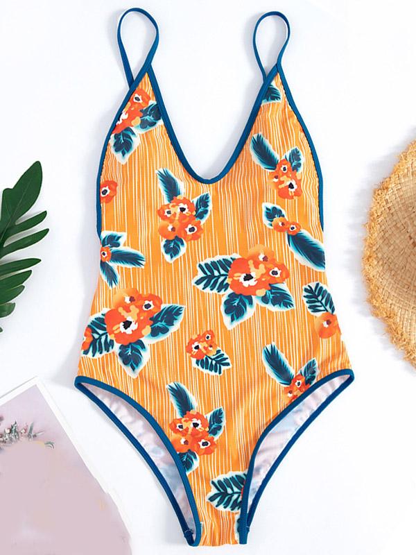 V-Neck Hemming Printing One-Piece Swimwear