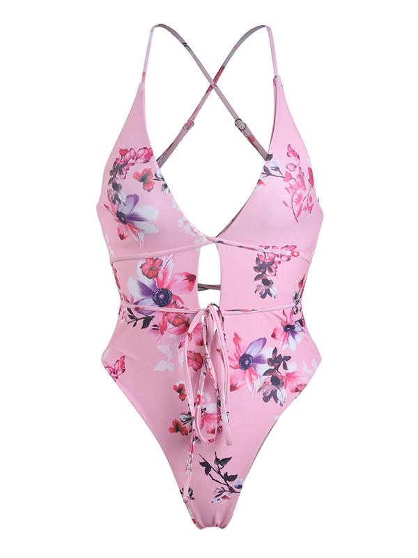 Printed Lace-Up One-Piece Swimsuit