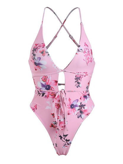 Printed Lace-Up One-Piece Swimsuit