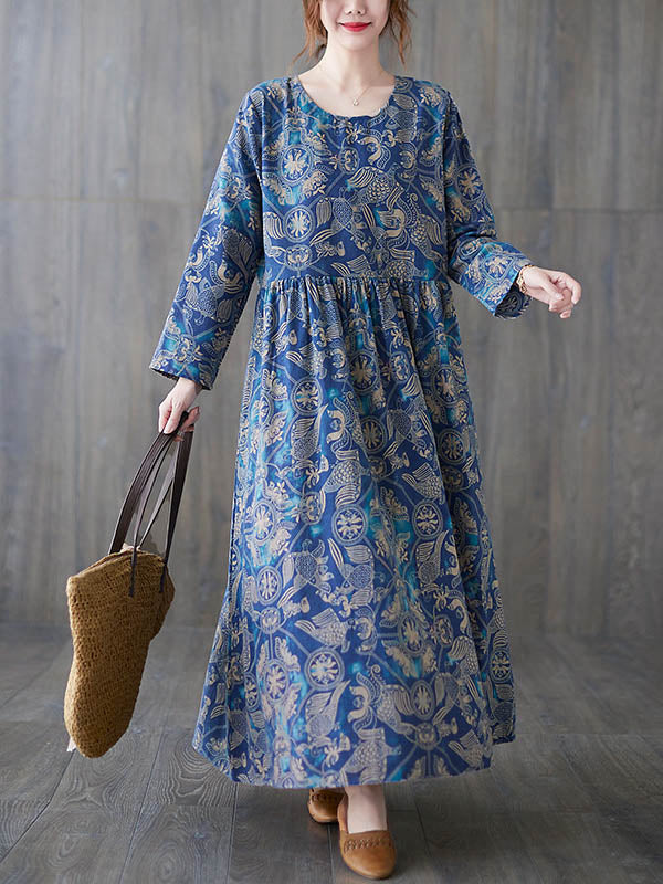 Vintage Ramie Cotton Floral Printed Round-Neck Long Sleeves Maxi Dress