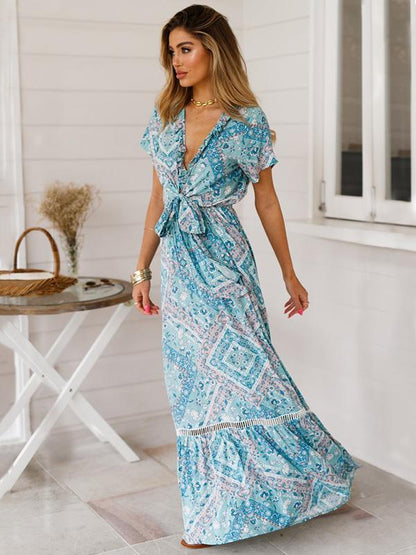 Hollow Printed Bow- Bohemia Maxi Dress