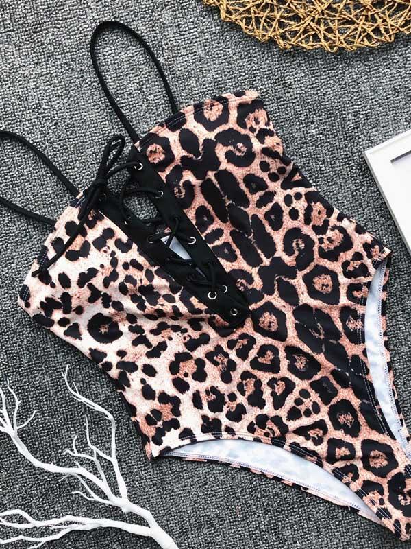 Leopard Lattice One Piece Swimsuit