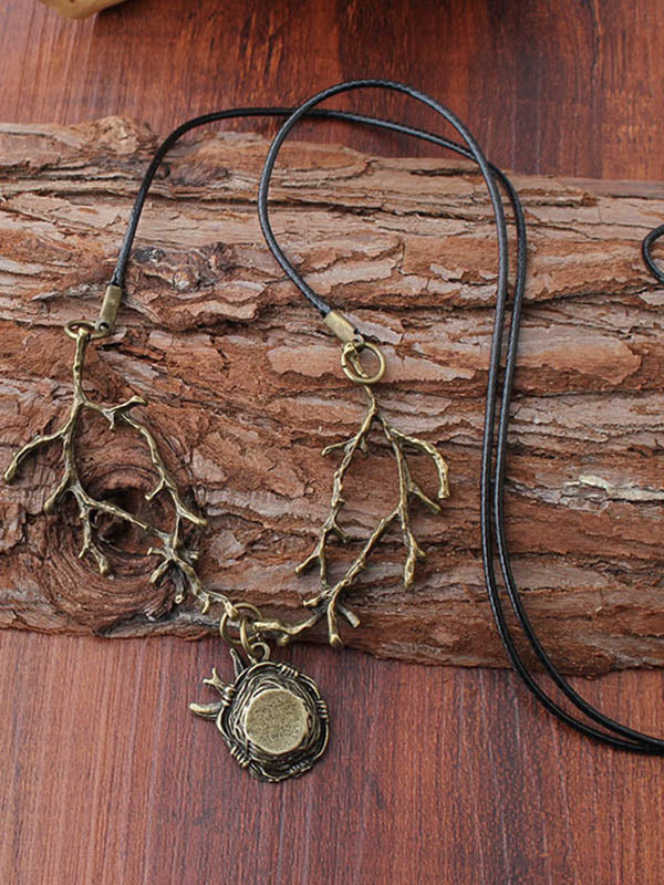 Vintage Paraffined Rope Alloy Branch Swallow Nest Necklace
