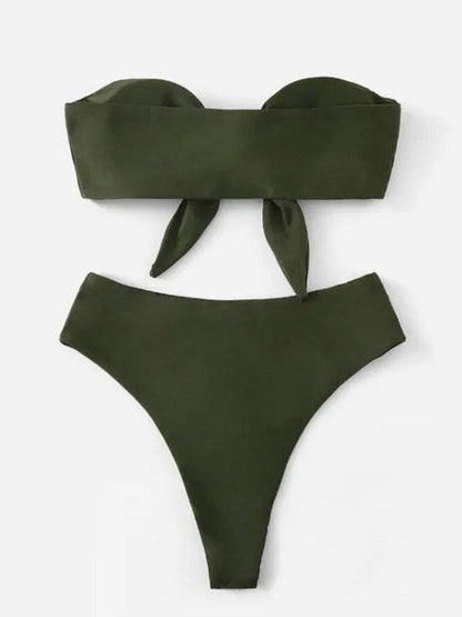 Solid Color Knotted Strapless Split Bikini Swimsuit