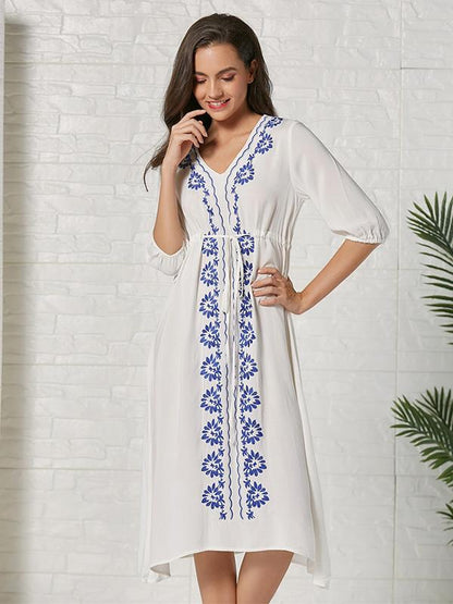 Bohemia Embroidered Floral V Neck Midi Dress