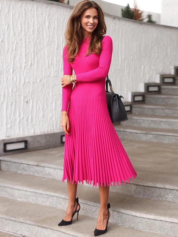 Solid Long-Sleeves Midi Dress