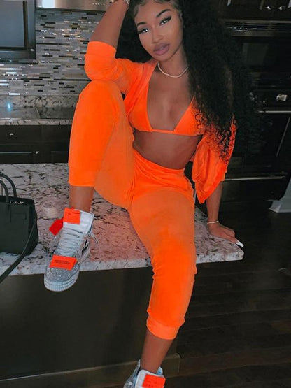 Solid Plush Zipper Hoodies&Pants Sports Suits