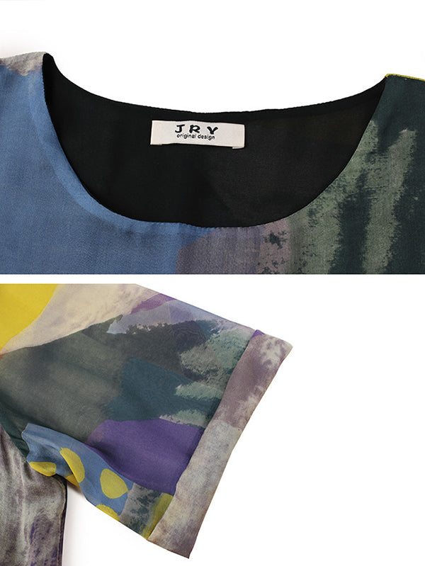 Original Silk Printed Contrast Color T-Shirt Top
