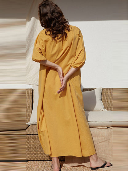 Casual Loose Linen 3 Colors Tied Pleated V-Neck Bishop Half Sleeves Midi Dress