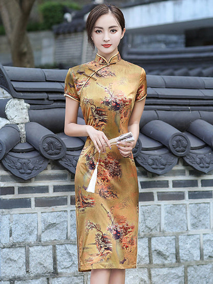 Vintage Satin Split-Side Printed Short Sleeves Stand Collar Short Cheongsams