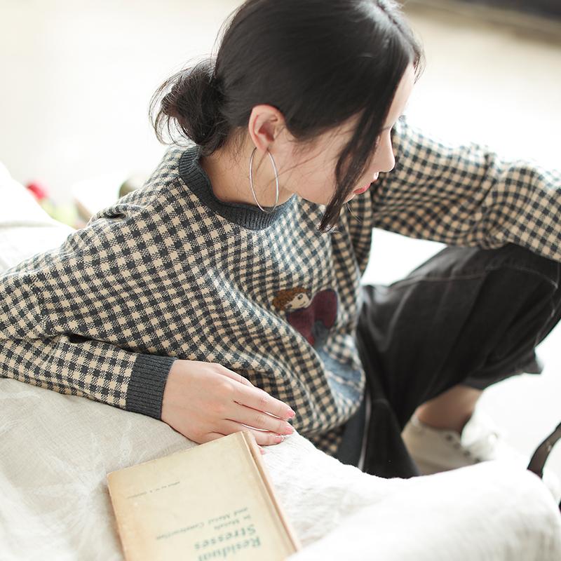 Buykud Plaid And Cartoon Character Casual Knitted Shirt