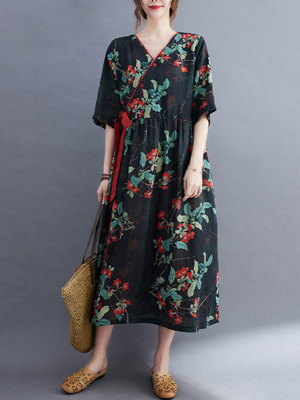 Artistic Retro Loose Tied Floral Printed Pleated V-Neck Short Sleeves Midi Dress