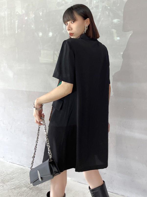 Stylish Buttoned Tie Split-Joint With Pocket Applique Notched Collar Short Sleeves Mini Shirt Dress