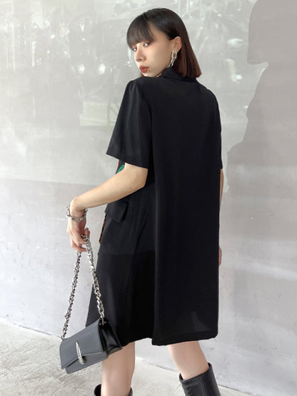 Stylish Buttoned Tie Split-Joint With Pocket Applique Notched Collar Short Sleeves Mini Shirt Dress