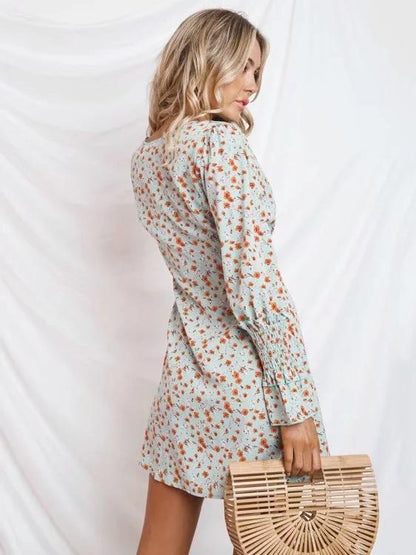 V-neck Floral Long Sleeves Button Front Mini Dress