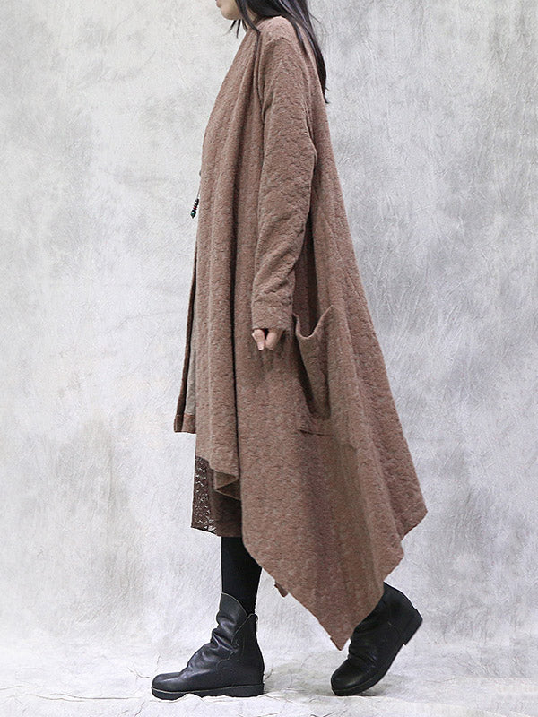 Artistic Retro Irregular Solid Color Split-Joint With Pocket Long Sleeves Cardigan Outwear