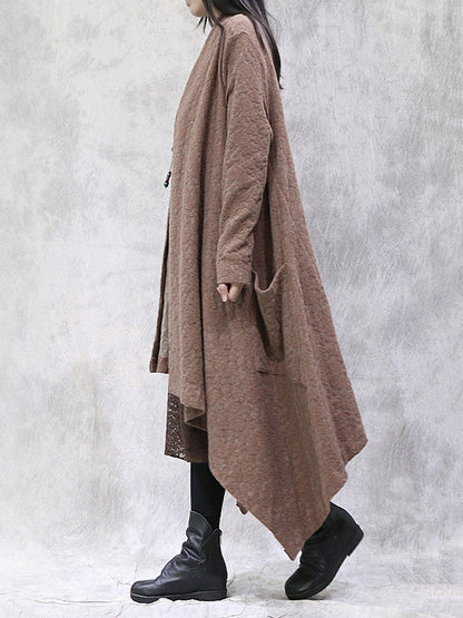 Artistic Retro Irregular Solid Color Split-Joint With Pocket Long Sleeves Cardigan Outwear