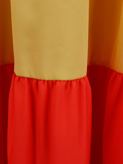 Original Loose Split-Joint Contrast Color Falbala Zipper Round-Neck Sleeveless Midi Dress