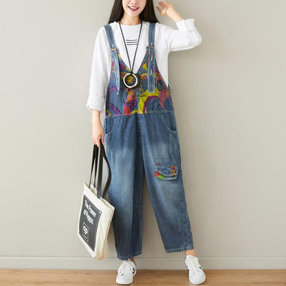 Buykud Printed Frayed Casual Loose Denim Jumpsuit
